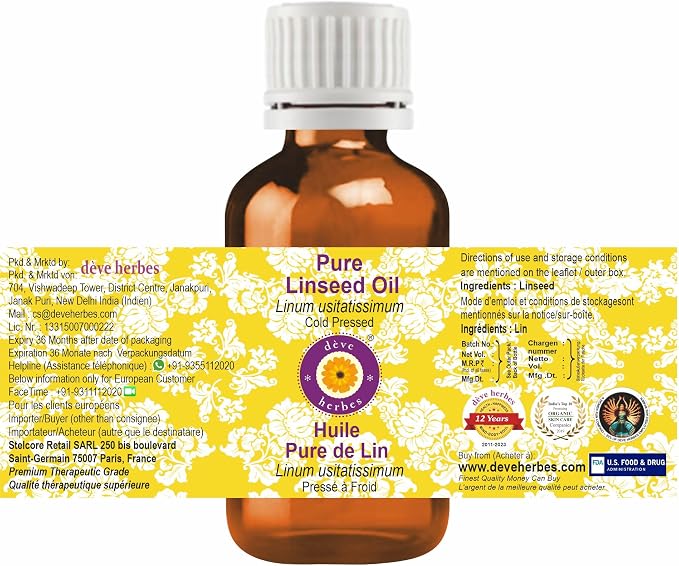 Deve Herbes Linseed Oil (Linum usitatissimum) | Cold Pressed | Pure | Natural | Undiluted | for Diluting Essential Oils | for Skin & Massage | Non-Sticky| Lightweight| Men & Women | 100ml (3.38 oz)