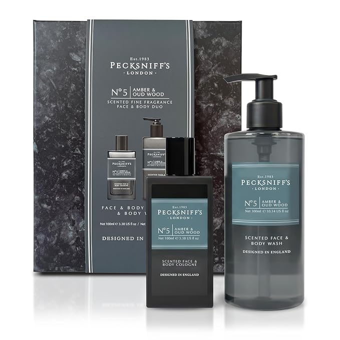 Pecksniff's Face & Body Duo Amber & Oud Wood – Men’s Grooming Gift Set with 100ml Face & Body Cologne and 250ml Body Wash – Luxury Fragrance Collection, Made in England
