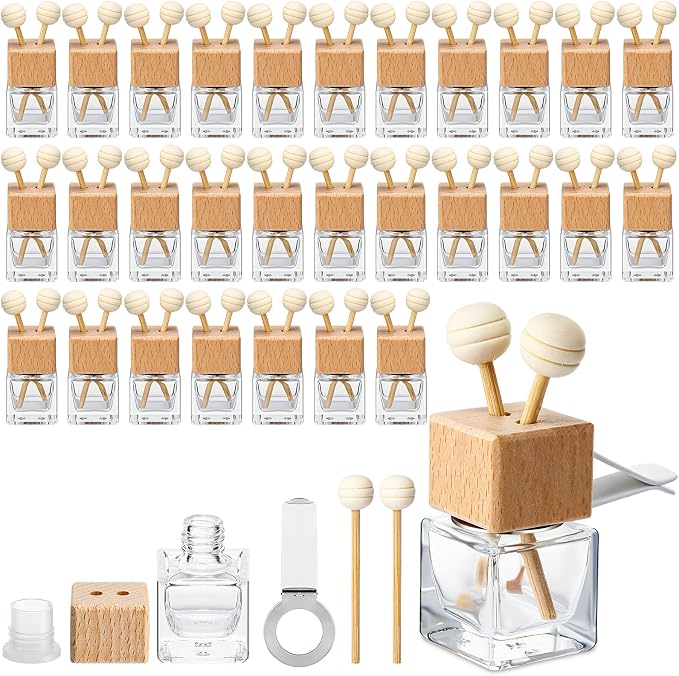 Zubebe 30 Pack Car Air Freshener Diffuser with Vent Clip Empty Car Diffuser Bottles for Essential Oil Perfume Glass Bottle with Wooden Caps Stick(Square)