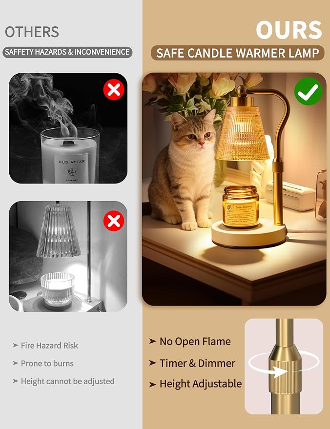 Candle Warmer Lamp for Jar Candles, Height Adjustable & Dimmable with 2/4/8H Timer, 2*50W Halogen Wax Melter Warmer for Home Office Décor, Flameless & Smokeless, Gift for Women Mom,Gold- Amber/1 Pack