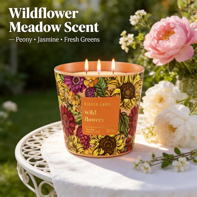 Hidden Label Wild Flowers Soy Candle, 30oz 3-Wick, 100H Botanical Floral | Non-Toxic Vegan Phthalate-Free | Peony Jasmine Fresh Greens Scent | Even Melt No Tunneling | Statement Decor Gift for Women