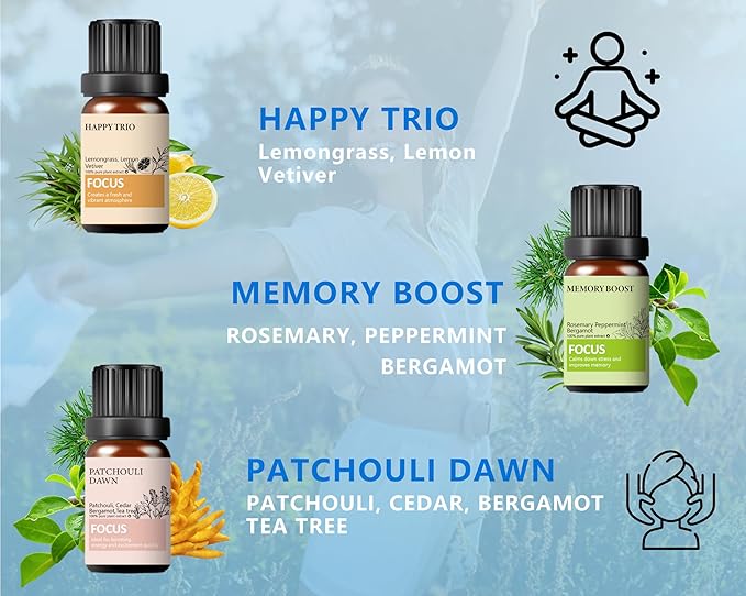Focus Essential Oil Set – 6x10ml Essential Oils for Diffusers Aromatherapy, Aromatherapy Oil Blends – Huile Essentielle Pour Diffuseur, Fragrance Oils for Candle Making