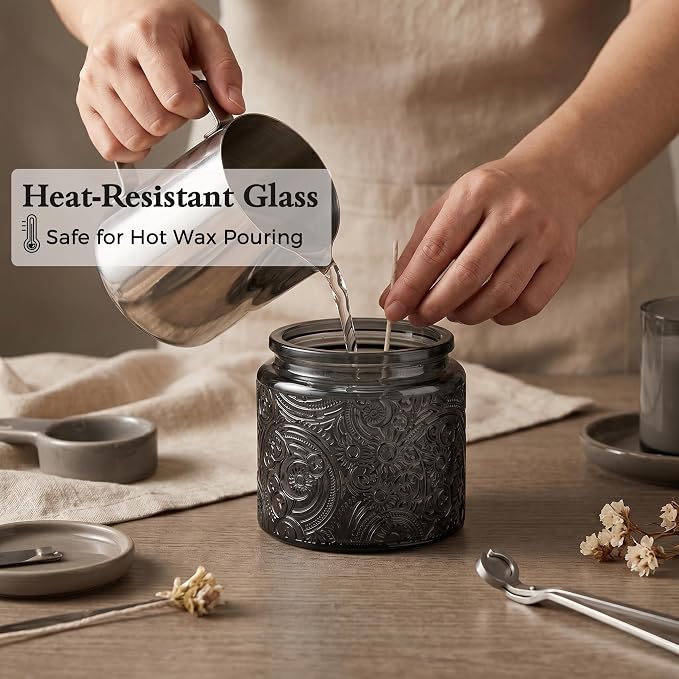 10 oz Gray Sun Moon Stars Candle Jars with Metal Lids, 9 Pack | Patented Embossed Design, Includes Wick Centering Devices & Warning Labels, Multiple Color Options