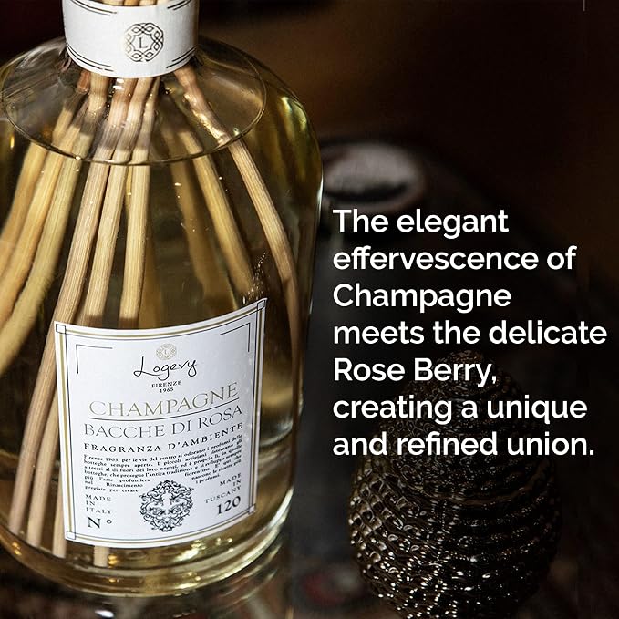 Logevy Firenze 1965 Champagne e Bacche di Rosa – Champagne and Rose Berries Luxury Home Fragrance Diffuser with Floral & Fruity Notes in Elegant Glass Bottle with 10 Natural Bamboo Reeds – 250ml