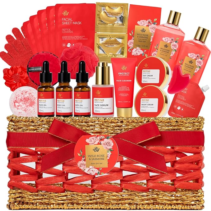 Gifts for Women, 32 Pcs Red Rose Bath and Body Basket Gifts for Women, Hydrating Face Skin Care Kit, Home Spa Self Care Gifts Basket Set, Birthday, Christmas, Mother's Day, Bridal Shower, Anniversary