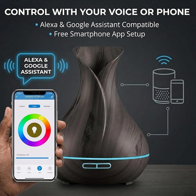 Sierra Modern Home Smart WiFi Humidifier - Aromatherapy Essential Oil Diffusers with App Control & Voice Control - Works with Alexa & Google Home - 400ml Ultrasonic Diffuser & Humidifier - Dark Brown