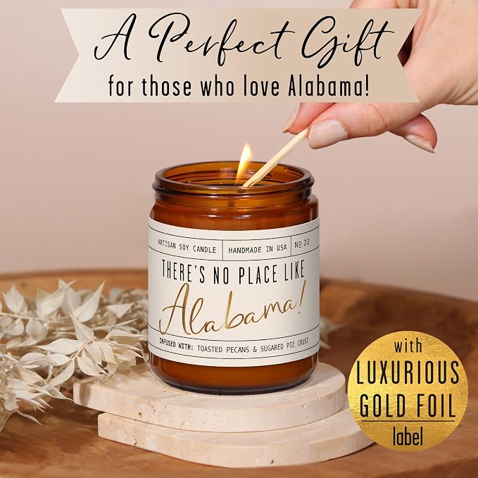 Alabama Gifts, Alabama Decor for Home - 'There's No Place Like Alabama Candle, w/Toasted Pecans & Sugared Pie Crust I Alabama Souvenirs I Alabama State Gifts I 9oz Jar, 50Hr Burn, USA Made