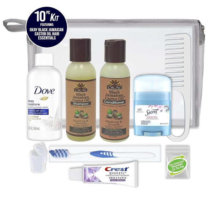 Convenience Kits International Women’s Deluxe 10 PC Kit Featuring: OKAY Black Jamaican Castor Oil Hair, Body, Oral Care, Travel-Size Travel Essentials