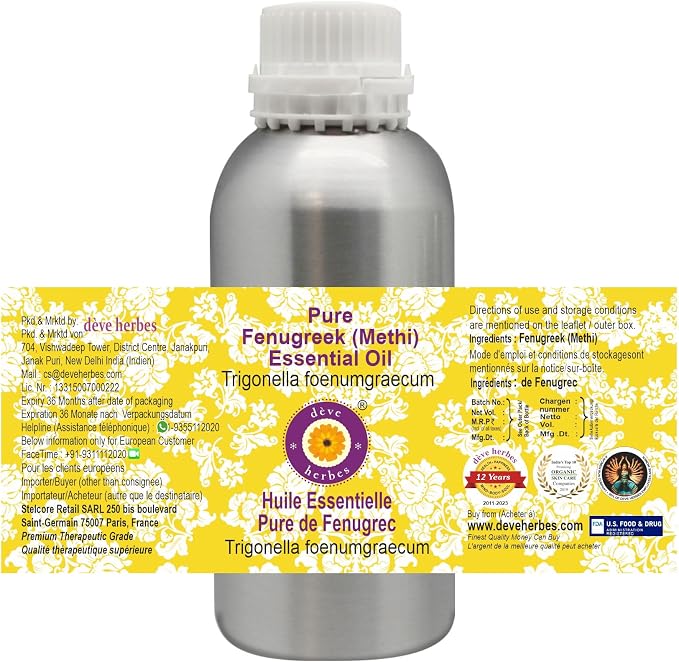 Deve Herbes Pure Fenugreek (Methi) Essential Oil (Trigonella foenumgraecum) Steam Distilled 300ml (10 oz)