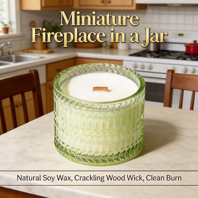 Hidden Label Sage & Citrus Wood Wick Candle, 7.4oz, 55 Hous Burn | Crackling Cherry Wood Wick | 55H Clean Burn | Kitchen & Hostess Gift | Non-Toxic Soy Wax | Green Frosted Decor Jar
