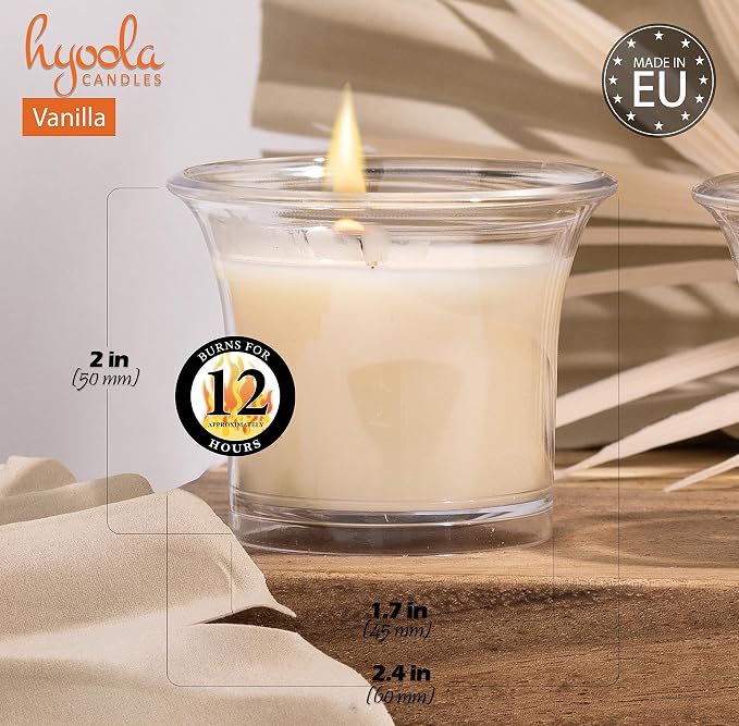 HYOOLA Clear Cup Scented Votive Candles - Vanilla - 12 Hour Burn Time - 4 Pack - European Made