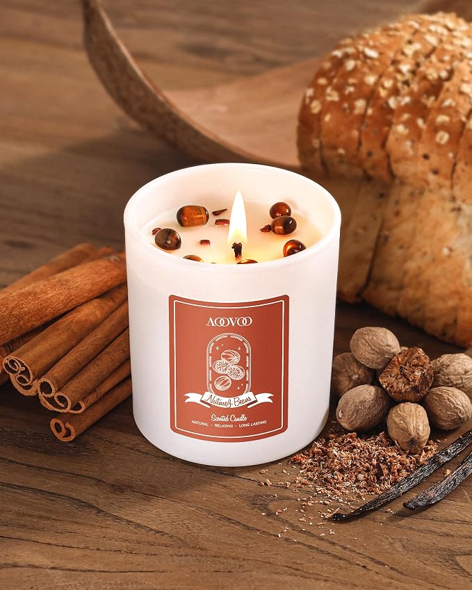 AOOVOO Nutmeg Beans Scented Candles for Women - Aromatherapy Candle with Crystals Inside, 10oz Soy Candles for Home Scented, Birthday Gifts Valentines Day Candle for Women Mom