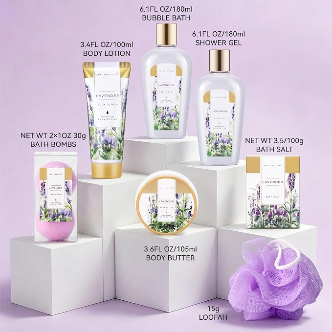 spa luxetique Spa Gift Baskets for Women, 8 Pcs Lavender Lotion Set with Bubble Bath, Shower Gel, Birthday Anniversary Self Care Kit for Her, Mothers Day Gifts for Mom
