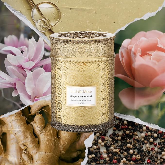 LA JOLIE MUSE Ginger & White Musk Candle | Ginger, Lemongrass & Musk | 19 oz Wooden Wick | Natural Soy Wax | 90 Hours Clean Burn | Gift-Ready for Hosts & Gathering| Seasonal Home Décor