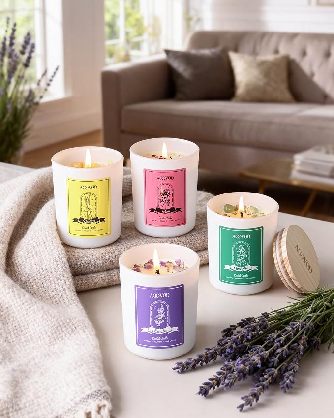 AOOVOO Rose/Vanilla/Eucalyptus/Lavender Scented Candles for Women - Aromatherapy Candle with Crystals Inside, 28oz Soy Candles for Home Scented, Birthday Gifts Mothers Day Candle for Women Mom