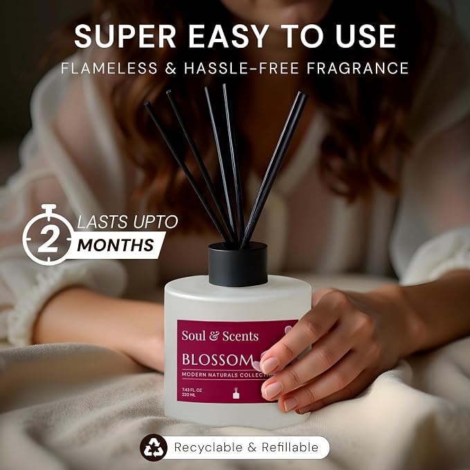 Soul & Scents Reed Diffuser Set – Blossom | 7.43 oz Refillable Scented Oil with 6 Fiber Sticks | Long-Lasting Home Fragrance & Air Freshener for Bedroom, Bathroom, Office | Gift & Décor Piece