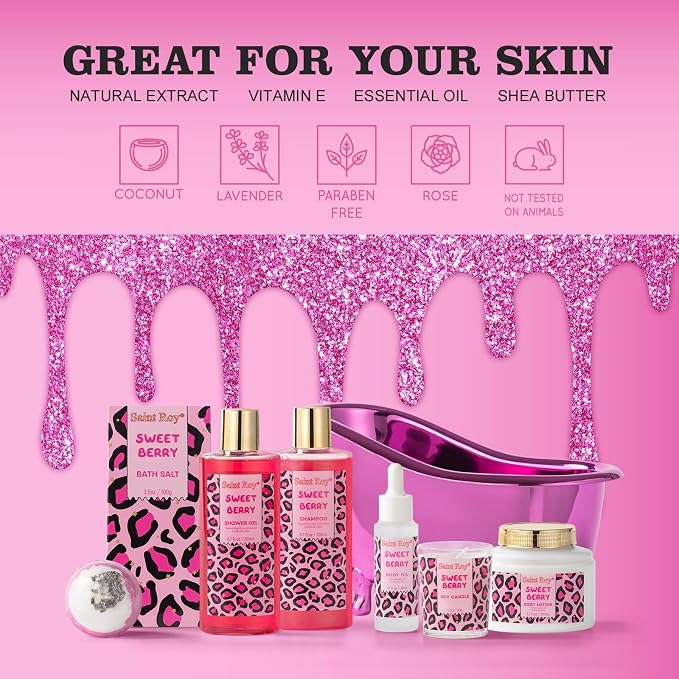 Home Spa Self Care, Bath and Body Spa Gift Basket for Women, Shower Bath Spa Sweet Berry Bath Sets for Teens Gift| Relaxing Care Kit Christmas Mothers Day Gifts for Mom Gift Baskets for Anniversary