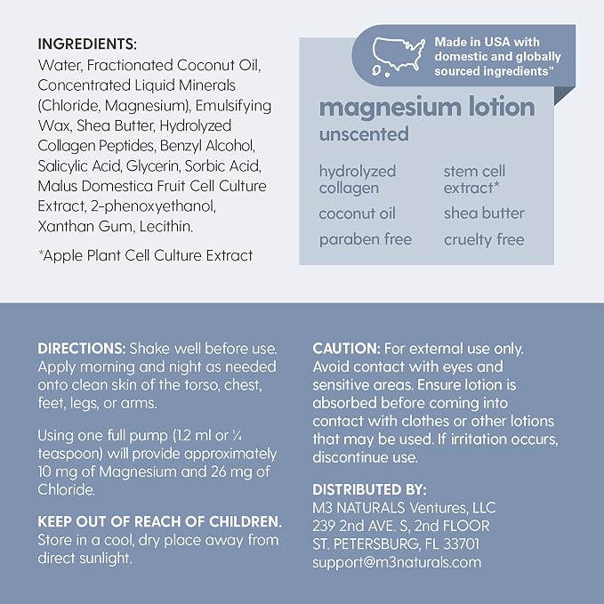 Unscented Magnesium Lotion & Spray for Sleep, Suitable for Sensitive Skin, Helps with Muscle Relaxation, Soothes Tired Legs & Foot Aches and Supports Restful Nights, 8 & 12 fl oz by M3