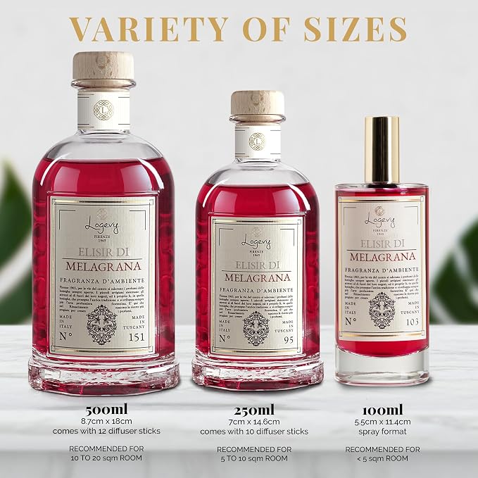 Logevy Firenze 1965 Elisir Di Melagrana – Pomegranate Elixir Luxury Home Fragrance Diffuser with Floral & Fruity Notes in Elegant Glass Bottle with 10 Natural Bamboo Reeds – 250ml