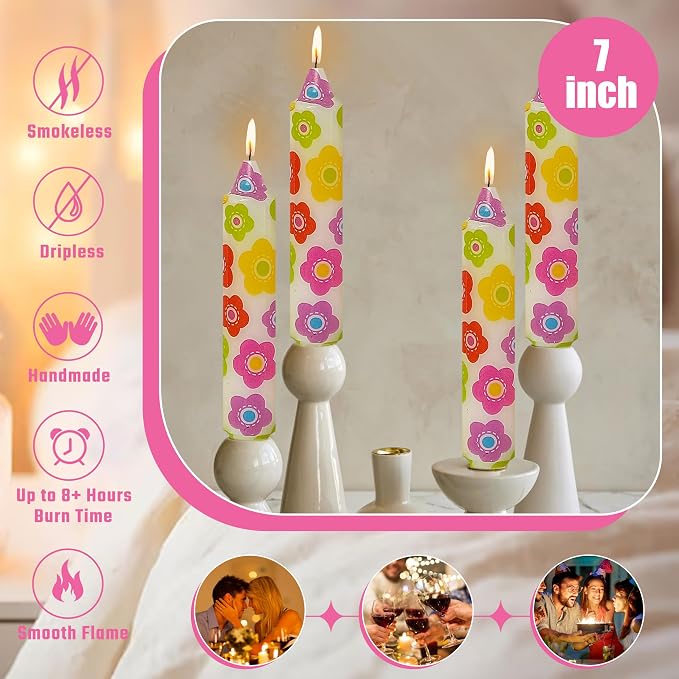 7 inch Short Candle Floral Candle Sticks Printed Candlestick Handmade Unscented Taper Candle 4 Pack Colorful Flower Tapered Candles for Home Dinner Wedding Holiday