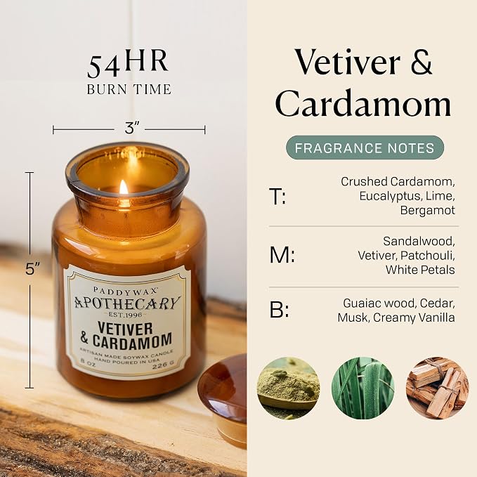 Paddywax Artisan Apothecary Scented Candle with Lid in Reusable Glass Jar, Clean-Burn Soy Candle with Approx. 54 Hour Burn Time, Vetiver & Cardamom, 8 oz.