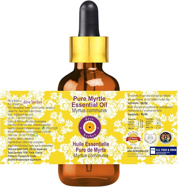 Deve Herbes Pure Myrtle Essential Oil (Myrtus communis) with Glass Dropper Steam Distilled 100ml (3.38 oz)