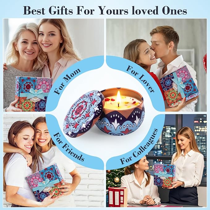 4 Pack Scented Candles for Women Gift- 8% Essential Oil Aromatherapy Candle Set, 50H Long Lasting Natural Soy Wax Candles, Travel Tin Gift Box for Stress Relief Spa Yoga Birthday Housewarming