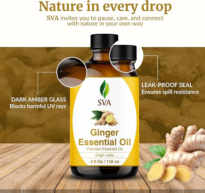 SVA Ginger Essential Oil – 4 Fl Oz – 100% Natural Ginger Oil - for Diffuser, Hair Care, Face, Skin Care, Aromatherapy, Scalp and Body Massage, Soap and Candle Making – with Dropper