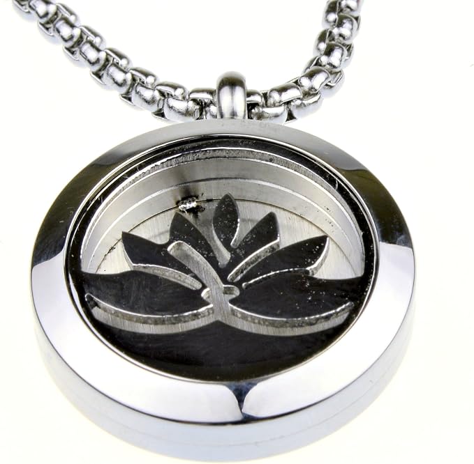 Wild Essentials Open Lotus Flower Essential Oil Diffuser Necklace, Stainless Steel Locket Pendant with 24 inch Chain, 12 Color Refill Pads, Customizable Color Changing Perfume Jewelry for Aromatherapy