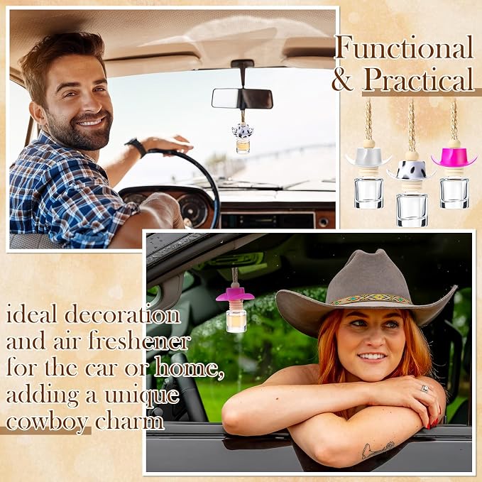 3 Pieces Cowboy Hat Air Freshener Hanging Cow Diffuser Bottles Western Country Refillable Empty Glass Perfume Bottle Car Interior Rear View Mirror Accessories(White, Spots, Pink,Cow)
