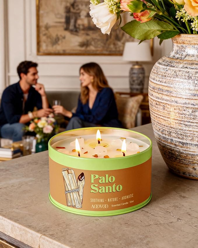 AOOVOO Palo Santo Candle for Meditation & Cleansing - 3 Wick 12oz Scented Candle with White Crystals & Palo Santo Inside, Non-Toxic Soy Candle for Spiritual Healing, Aromatherapy Gift for Women & Men