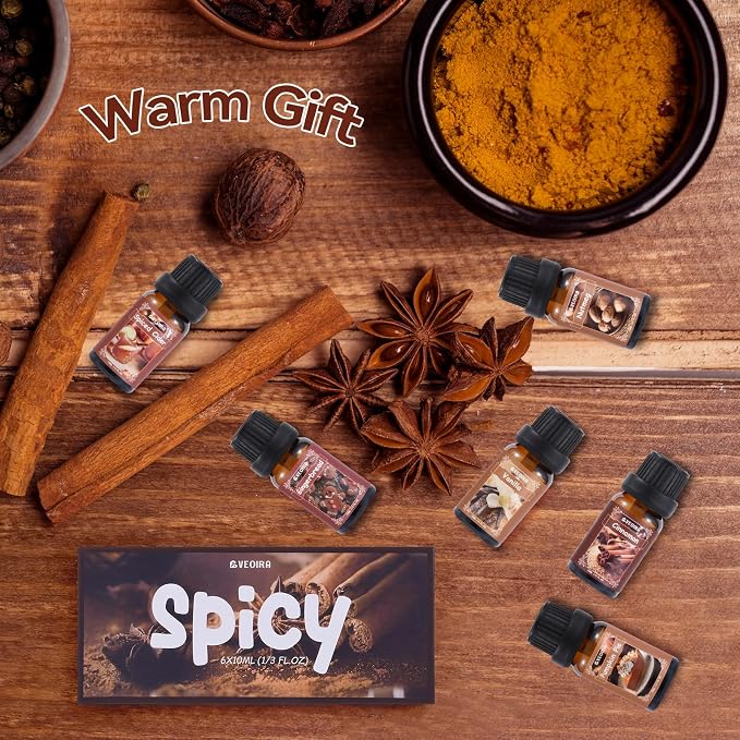 Spice Fragrance Oils Set, AVEOIRA Fall Essential Oil Set for Diffuser, Candle, Soap Making, Nutmeg, Pumpkin Spice, Vanilla, Cinnamon, Spiced Cider, Gingerbread, Scented Oils, 6x10ml