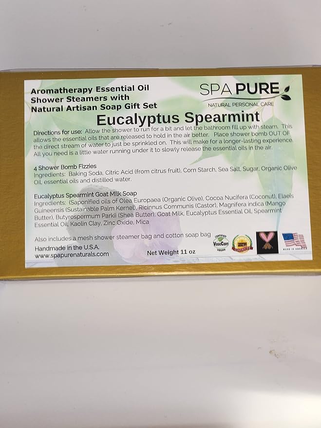 Spa Pure Aromatherapy Gift Set: Eucalyptus Spearmint Artisan soap, 4 Shower Steamers, made with plant based ingredients, steamer bag & soap bag