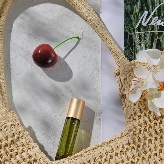 Qeuly 6 Pack Green Aventurine Quartz Roller Bottles for Essential Oils, 10ml Amber Glass Roll on Bottles with Natural Crystal Balls, Leak-Proof Travel Size Perfume Roller Bottle (Olive green)