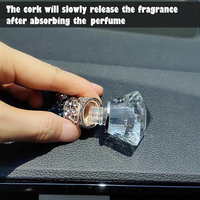 Car Air Freshener Diffuser Hanging Ornament, Diamond-Shaped Empty Crystal Bottle Car Mirror Hanging Accessories, Elegant Bottle Pendant with Wooden Caps Rear View Mirror Accessories