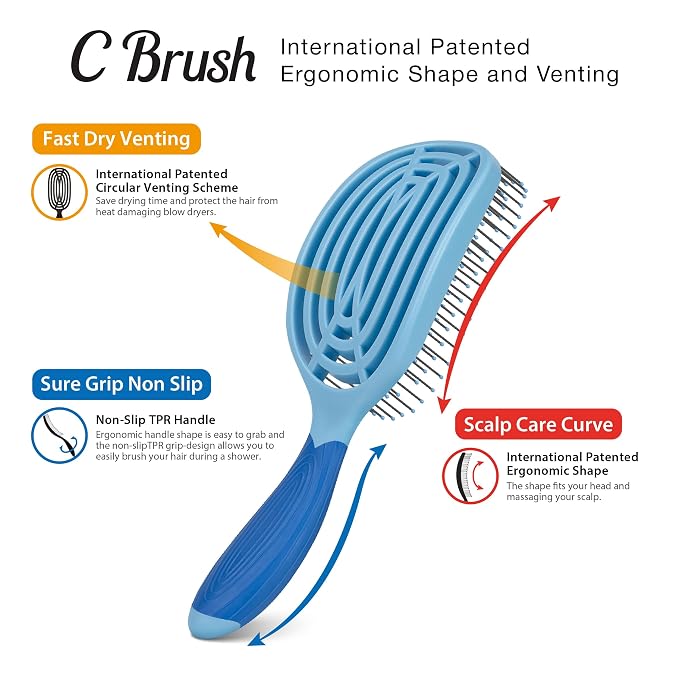 NuWay® C Brush® Scalp Care Detangling Hair Brush – Gentle Scalp Massage & Easy Detangling for Wet or Dry Hair, Everyday Hairbrush for Healthy Looking Hair (Sky Blue)
