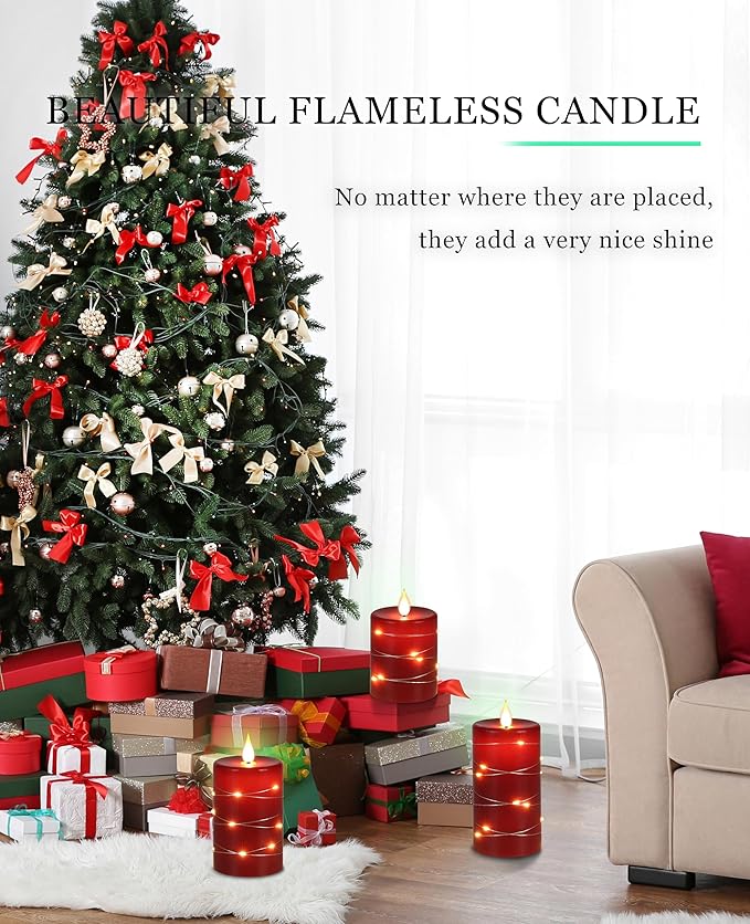 Red Flameless Candles with String Lights Battery Operated LED Pillar Candles 4‘’ 5‘’ 6‘’ Candle with Remote Control,Fake Candle Set of 3 for Christmas or Special Festivals Decorations