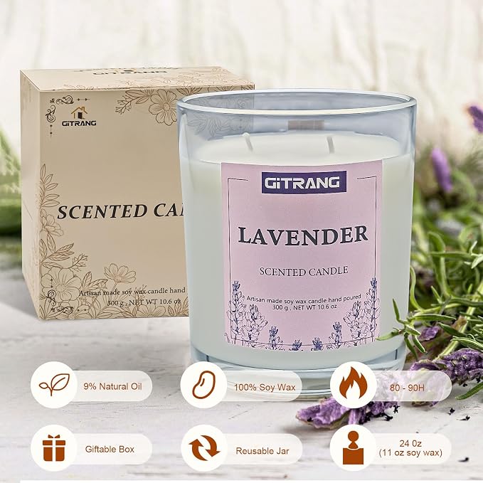 1 Pack Lavender Scented Soy Wax Candle, 10.6 oz Natural Aromatherapy for Home, Relaxation Gift for Women Men, Long Lasting 80-90 Hours for Bedroom Yoga Office Spa Decor