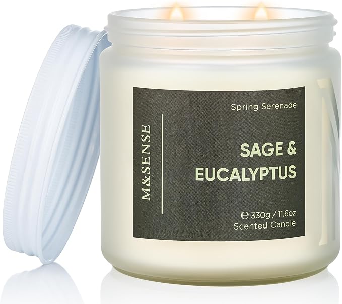 M&SENSE Eucalyptus Sage Scented Candle, 2-Wick, Natural Soy Wax, Non Toxic, 70-Hour Long Lasting Burn, 11.6oz, Spring Cleaning Candles, Fresh & Clean Scent for Home, Relaxation Gifts