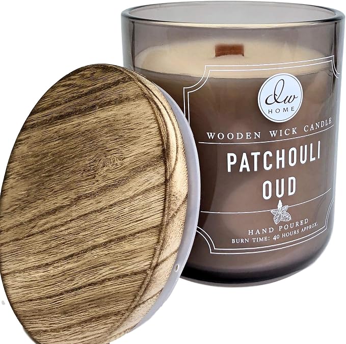 DW Home Patchouli Oud Scented Candle for Home, 12 oz, Wooden Wick Candle Jar, Up to 40H Burn Time, Luxury Scented Candle for Relaxation, Gifting, Home Décor