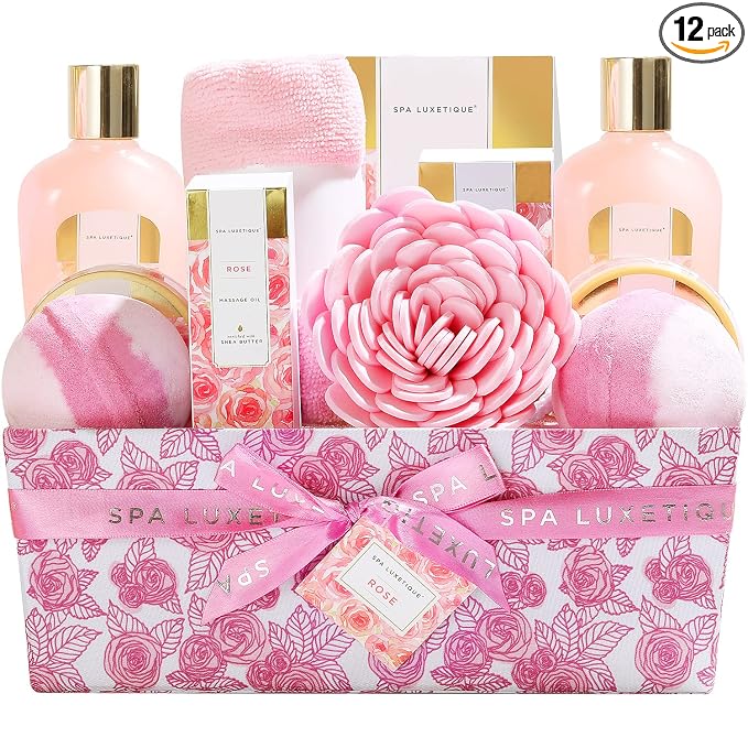 Spa Luxetique Spa Gift Baskets for Women, 12 Pcs Rose Presents Set with Bubble Bath, Bath Bombs, Body Lotion, Hand Cream, Christmas Gift Basket for Mom