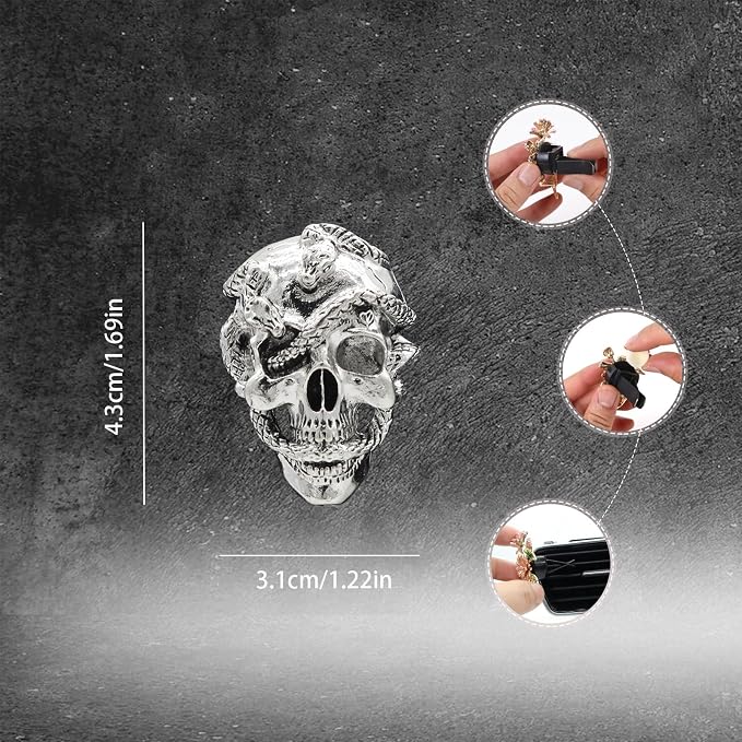 ORIESSE Skull Car Decor,Goth Car Air Freshener Vent Clip,Silver Snake Skull Horror Dahsboard Decorations Accessories,Refillable Clip On Diffuser for Women Teens