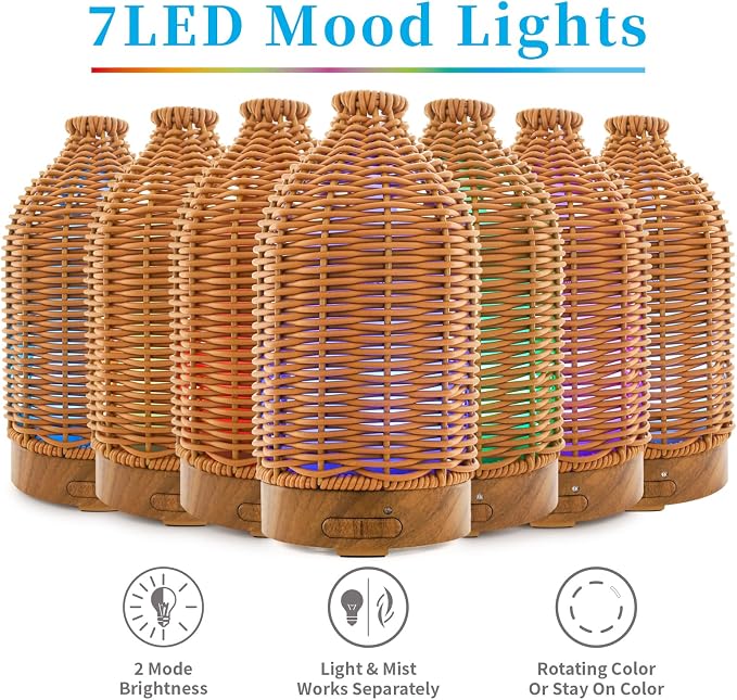 VICTORIA AROMA Essential Oil Diffuser - Multifunction Aromatherapy Diffuser 7 LED Color Changing Light 100ML Rattan Diffuser Easy to Clean Suitable for Home,Office (Tan)