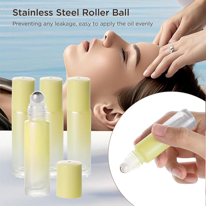 SESENSE Essential Oil Roller Bottles, 10ml Thick Glass Perfume Roller Bottles with Funnel Opener and Dropper Colored Glass Empty Bottles with Stainless Steel Roller Balls (Yellow, 12 Pack)