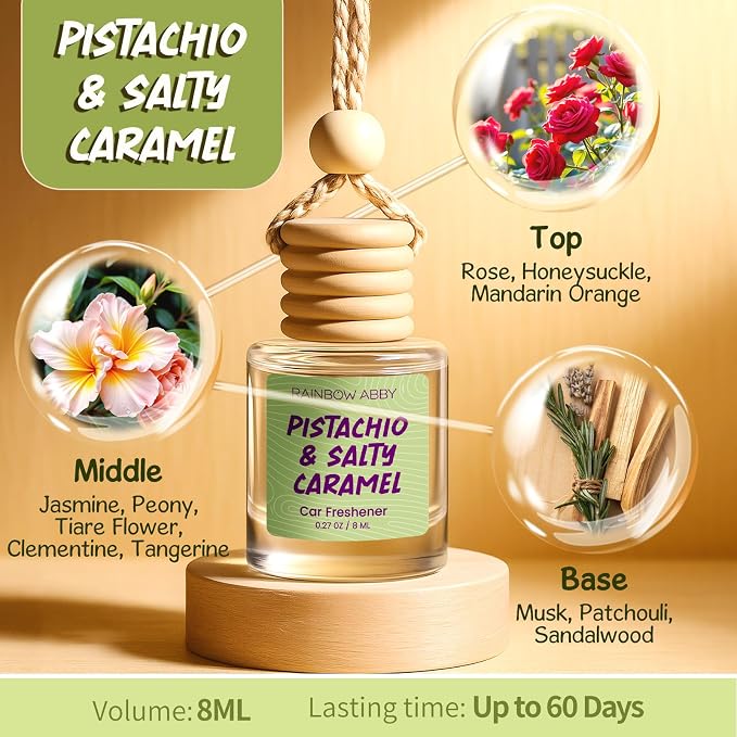 RAINBOW ABBY Hanging Car Air Freshener Diffuser 2 Pack - Pistachio & Salty Caramel Fragrance Oil, 45+ Days Long Lasting, Essential Oil Diffuser for Car