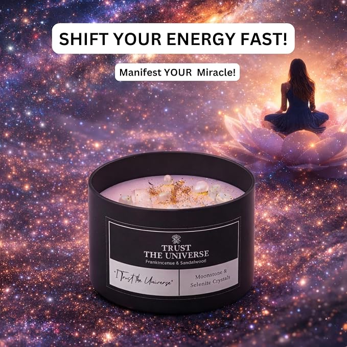 Trust the Universe Crystal Candle, 8oz Soy Wax with Moonstone & Selenite Crystals, Frankincense & Sandalwood Aromatherapy for Meditation, Manifestation & Spiritual Gifts for Women and Men