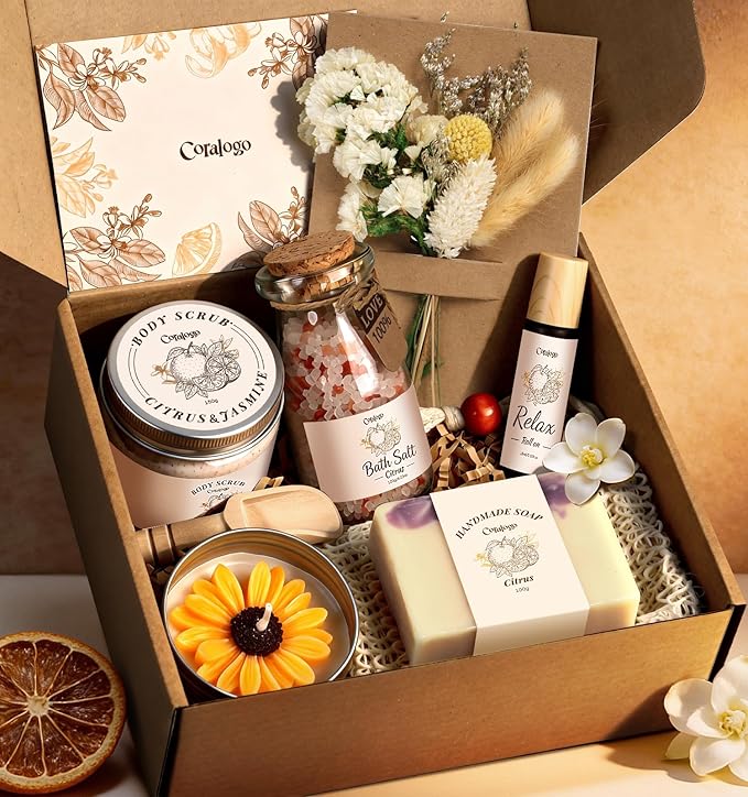Spa Gift Basket for Women - Natural Pampering Package Citrus Jasmine Scent Bath and Body Works Selfcare Relaxing Thinking of You Birthday Get Well Soon Gift Set for Wife Mom Girlfriend Her