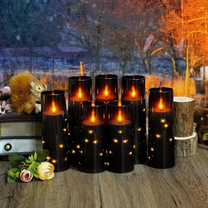 Flameless Candles,with Embedded Star String, Battery Operated Candles Flickering LED Pillar Candles with Remote Control and Timer, Home Decoration Add a Warm and Romantic Atmosphere，Set of 7 (Black)