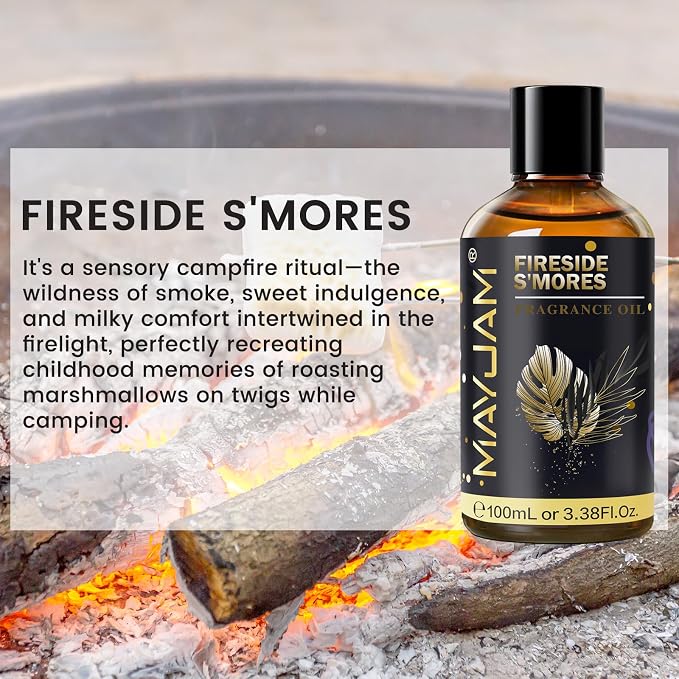 Fireside S'Mores Fragrance Oil Essential Oil, MAYJAM 3.38FL.OZ Fireside S'Mores Oil for Diffusers for Home, Long Lasting Scented Oils for Soap Candle Making - 100ML