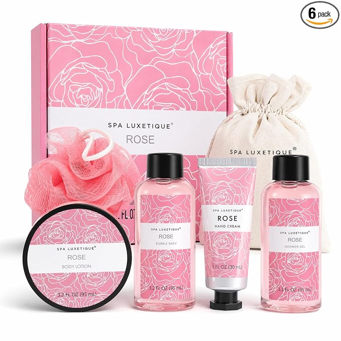 Spa Luxetique Gifts for Women, 6 Pcs Rose Spa Gift for Women, Womens Gift Set with Bubble Bath, Birthday Christmas Anniversary Valentine's Day Gifts
